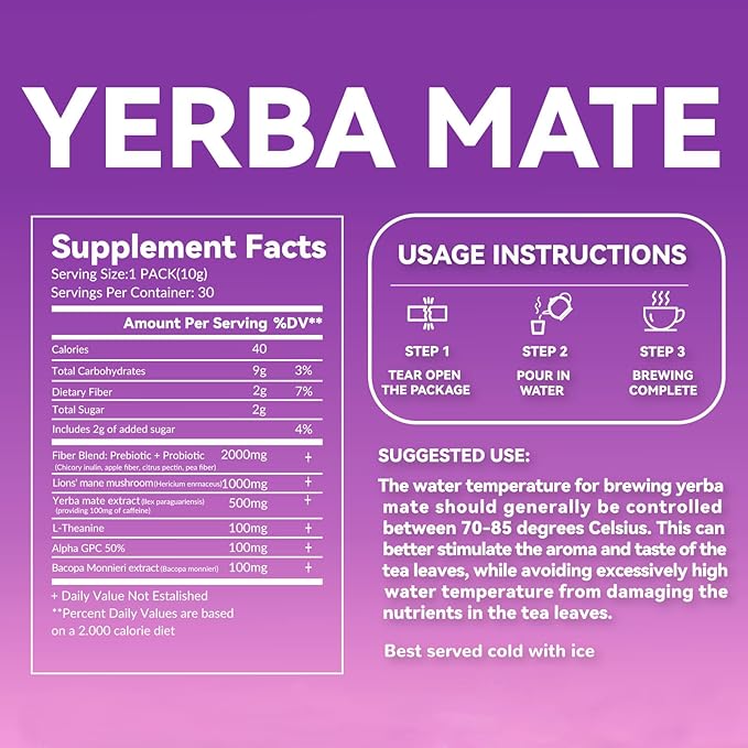Yerba Mate Instant Tea Powder - Raspberry Peach Flavor - Gut Health & Clean Energy Super Drink with Nootropics, Prebiotics & Probiotics - Energy Boost & Focus - 30 Sticks (300g)