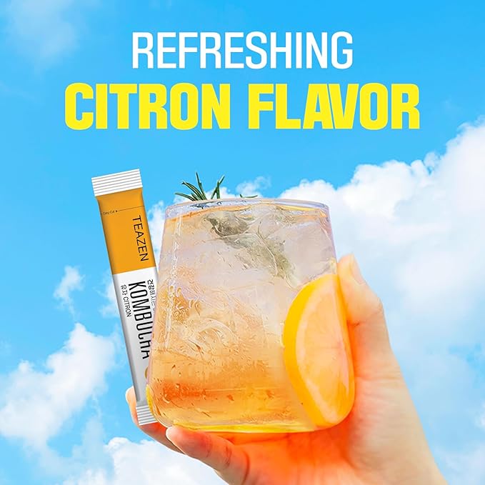 TEAZEN Citron Kombucha Tea, Hydration Drink Mix, Sugar Free, Live Probiotics & Prebiotics, 10 Sticks, 1.76oz