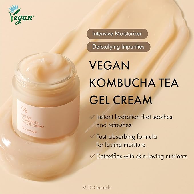 Dr.Ceuracle Vegan Kombucha Tea Gel Cream - Lightweight Watery Hydrating Moisturizer with Kombucha Tea Extract, Sunflower Seed Oil, Korean Skincare (75 g / 2.64 oz.)