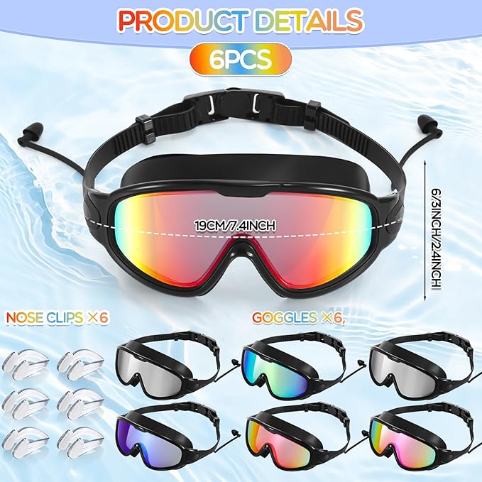 Kanayu 6 Pieces Swimming Goggles Wide View No Leaking Anti Fog Adult Swim Goggles with Earplugs Nose Clip for Adult Men Women
