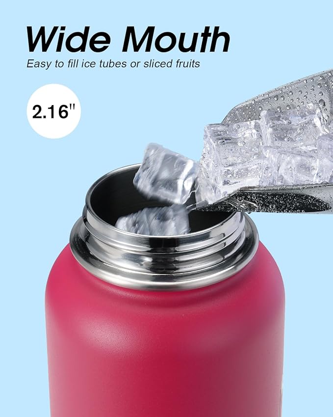 Water Bottle 40 oz Insulated with Straw&Brush, Coolflask Vaccum Stainless Steel Metal 3 Lids Water Flask for Sports, Gym or Office, Keep Cold 48H Hot 24H, Ombre Wine/Navy