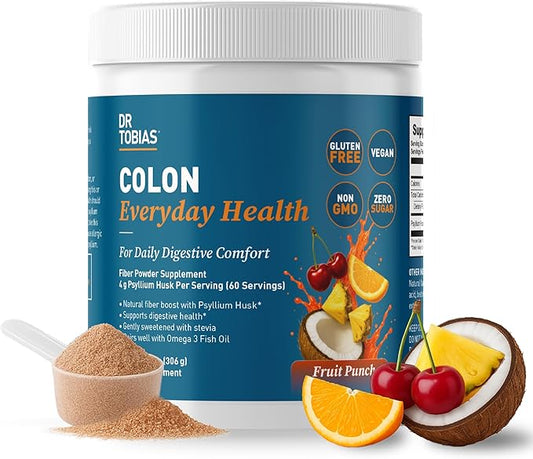 Dr. Tobias Colon Everyday Health - Gut Health for Women & Men - Psyllium Fiber Powder Drink with 4g Psyllium Husk Powder per Serving, Vegan, Gluten Free, Non-GMO, Fruit Punch, 60 Servings