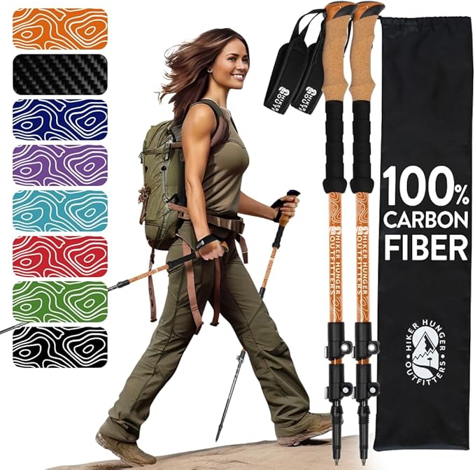 100% Carbon Fiber Trekking Poles by USA Brand - Ultra Strong Lightweight Collapsible Hiking Poles with Cork and EVA Foam Grips & Quick Adjustable Flip Locks