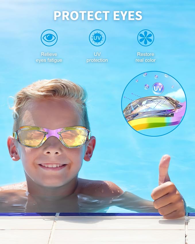 Kids Swim Goggles, Swimming Goggles for Kids with Nose Clip, Earplugs, Nose Bridge for Age 3-15
