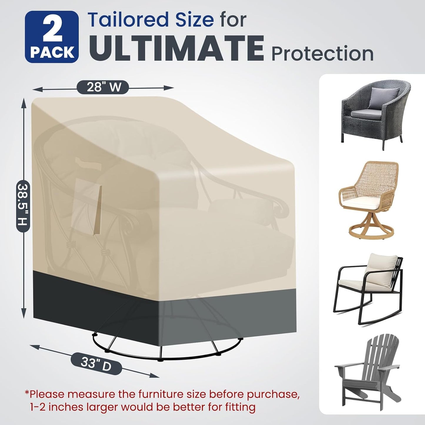 Extra Heavy Duty Patio Chair Covers Waterproof - 2 Pack Patio Furniture Seat Covers for Outdoor Swivel/ Rocking Chair/ Stackable Dining Chairs, with Air Vents, 28" W x 33" D x 38.5" H