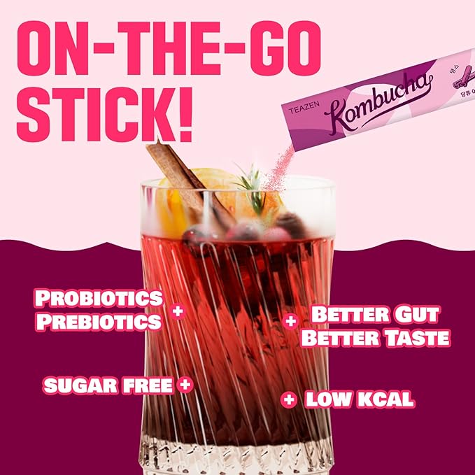 TEAZEN Mulled Wine Kombucha Tea, Spice Tea, Live Probiotics & Postbiotics, Relaxation and Warmth for Colds and Sore Throat, Electrolyte & Hydration Drink Mix, Sugar Free, 10 Sticks, 1.76oz