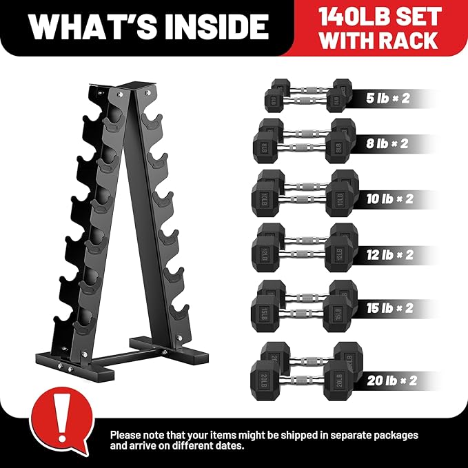 PAPABABE Hex Dumbbell Sets with Rack, 60-550lb Rubber Coated Dumbbell Weight Set and Storage Rack, Multiple Options Hand Weights for Strength Training