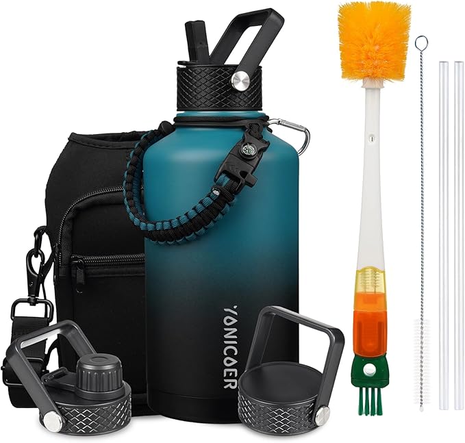 Insulated Water Bottle 64oz,Triple Wall Vacuum Stainless Steel(Dishwasher Safe),Leak Proof & Non-BPA,Flask Jug with Paracord Handle & Straw Spout Lids Sports