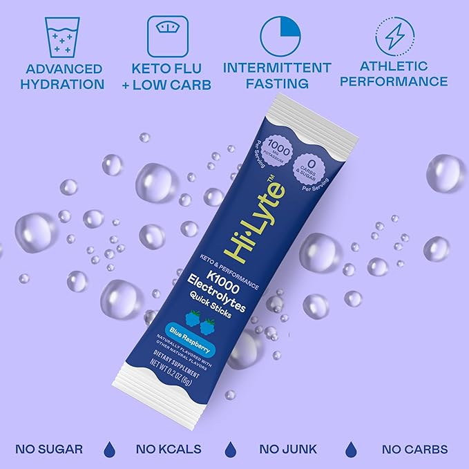 Hi-Lyte Keto & Performance - K1000 Electrolyte Quick Sticks - Blue Raspberry - 1000mg Potassium, Magnesium, Calcium - Single-Serve Packets for Keto Hydration Support - No Sugar, No Carbs