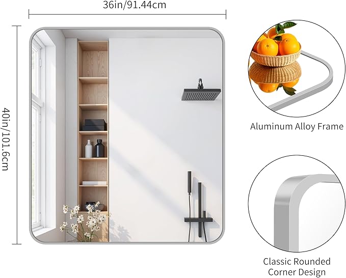 FORBATH 40x36 Inch Silver Bathroom Mirror for Over Sink, Large Rectangular Wall Mirror with Metal Frame, Rounded Corners for Bathroom, Bedroom, Entryway Decor (Horizontal or Vertical)