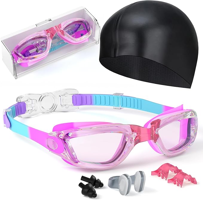 Kids Swim Goggles, Swimming Goggles for Kids Toddlers 3-14 with Swim Cap, Nose Clip, Nose Bridge, Ear Plugs