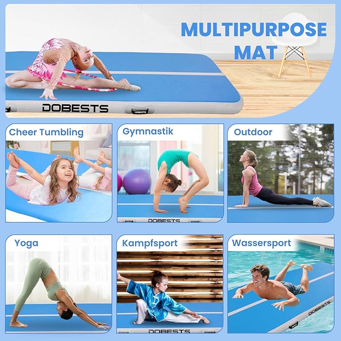 DOBESTS Inflatable Air Gymnastics Mat Tumbling Mat Tumble Track Gymnastics Training for Kids Home 6.6 feet 10 feet 13feet 16feet 20feet 4/8inch Thick for Cheerleading Dance Yoga Cheer Water With Pump