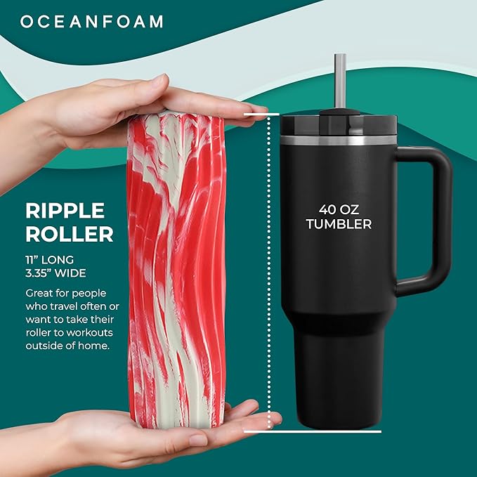 Oceanfoam Ripple Travel Foam Roller (11" x 3.35") Firm Mini Foam Roller for Physical Therapy, Deep Tissue Massage, Back Pain - High Density, Ergonomic Wave Textured - Yoga, Exercise (Red Marbled)