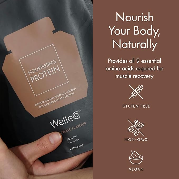 WelleCo Vegan Protein Powder, Gluten Free Premium Organic Sprouted Brown Rice & Pea Protein Blend, 6g Carbs & Dairy Free, for Energy, Muscle Recovery, 16g Protein Per Serving, Chocolate, 35.2oz Pouch