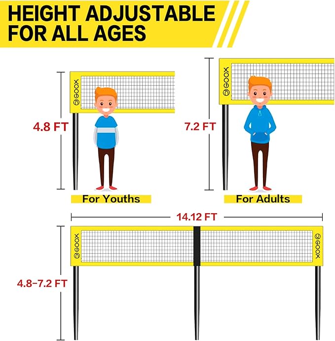 GOOX 4 Square Volleyball Net Game Set, 14 FT 4-Way Volleyball Net for Backyard Beach Lawn, Portable Four Square Volleyball Net for Adults & Youths with Vollyball, Pump, Carry Bag