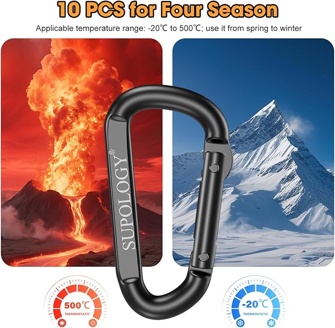 10 PCS Carabiner Clips, Heavy Duty Carabiners D Ring Hook, 900 LBS 2.5" Steel Black Carabeaner Clip Multipurpose for Key Chain, Camping, Hiking, Gym, Backpacking, Pet Leash