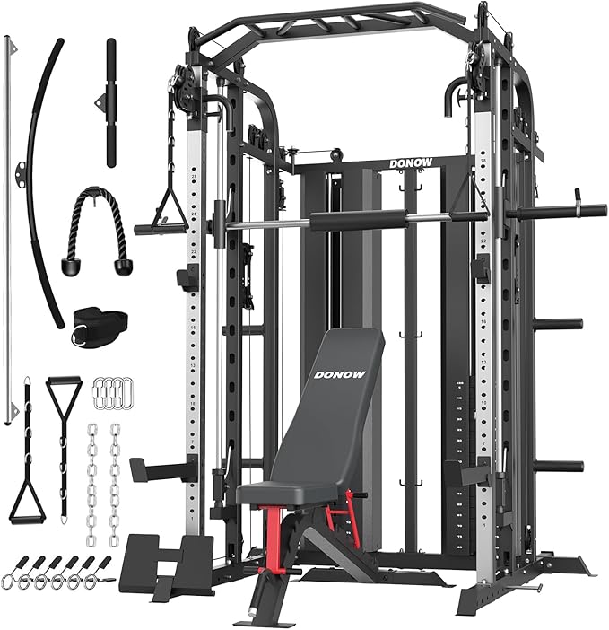 DONOW Smith Machine with Weight Stacks Power Cage Squat Rack Dual Cable Crossover Machine Home Gym Systems Station LAT Pull Down