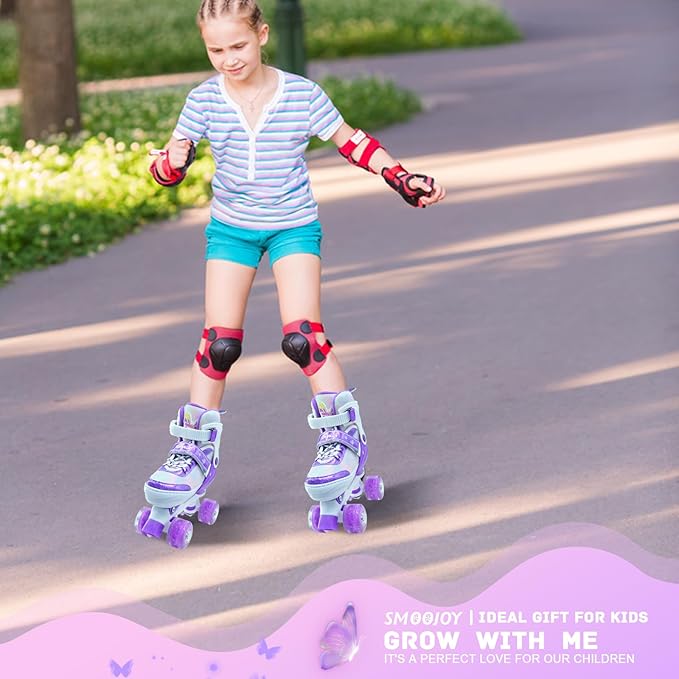 Kids Roller Skates for Girls-Outdoor 4 Size Adjustable Butterfly Quad Rollerskates for Indoor Ages 3-12 Years Beginners Children's Birthday Gift with Light Up Wheels patines para niñas Indoor