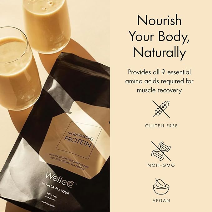 WelleCo, Nourishing Protein, Premium Organic Sprouted Brown Rice & Pea Protein, Vanilla Flavour, 300g (10.5oz) Pouch