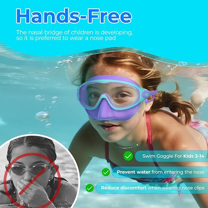 Swim Goggles for Kids 3-15 with Earplugs Large Frame Anti-Fog/UV Swimming Goggles for Boys Girls Toddler 2PCS