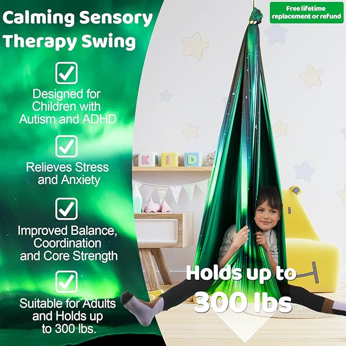 Double Layer Sensory Swing for Kids & Adults Holds up to 300lbs Indoor and Outdoor Therapy Cuddle Swing with 360° Swivel Hanger Kit Adjustable Swing with Aspergers Autism ADHD (Aurora Green)