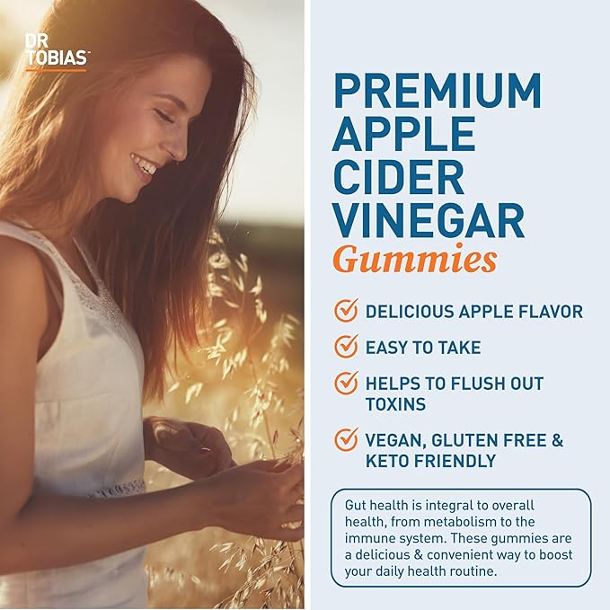 Dr. Tobias Apple Cider Vinegar Gummies, Includes 500 mg Apple Cider Vinegar with Mother, Folate, B12 & Iodine, Supports Gut Health, Cleanse & Detox, Vegan, Gluten-Free, 60 Gummies
