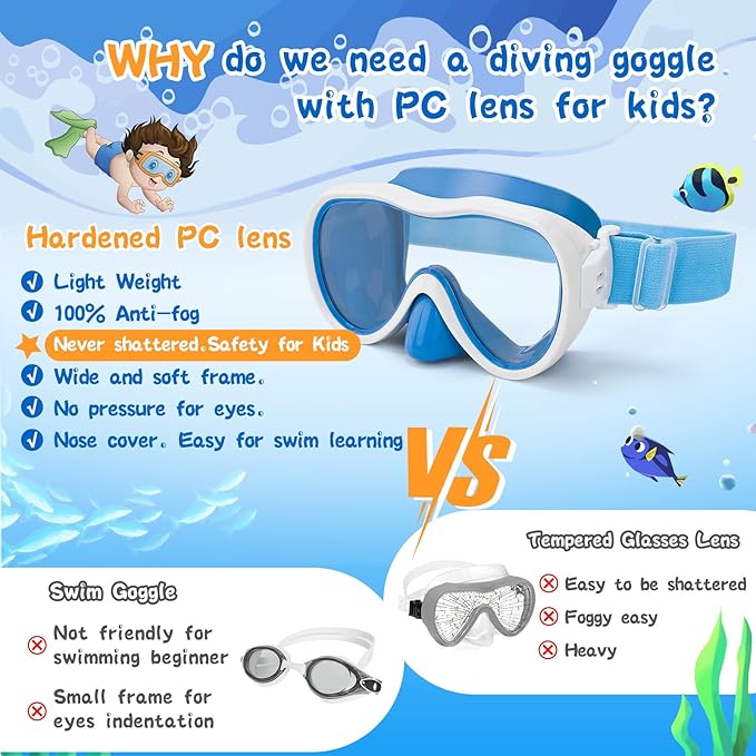 Kids Swim Goggles with Nose Cover, Anti-Leak Swim Mask with Elastic Fabric Strap, UV Protection Swimming Goggles for Kids