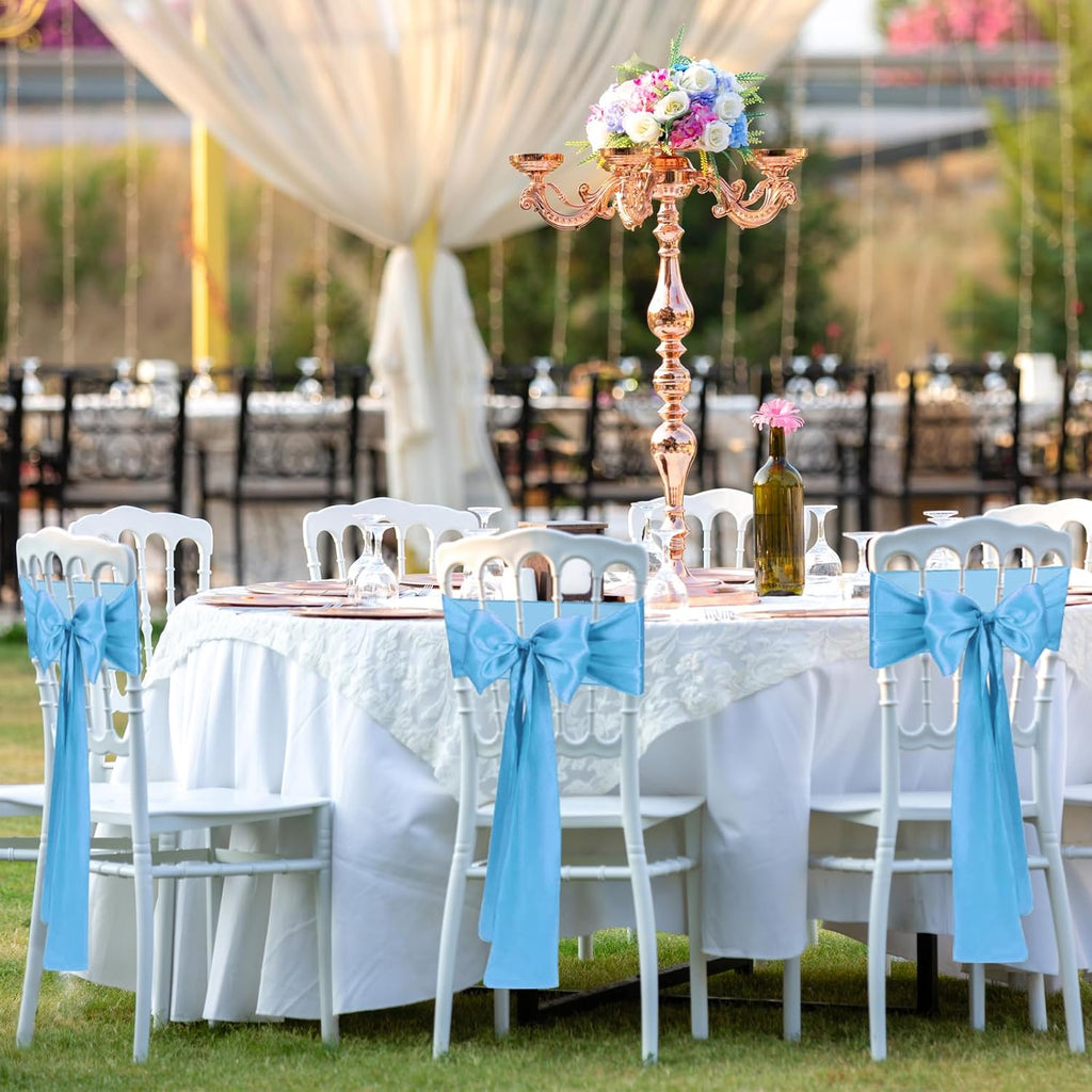 10 PCS Baby Blue Satin Chair Sashes Bows Universal Chair Ribbon Ties Back Sash for Wedding Party Reception Events Banquets Hotel Event Chair Cover Decoration (7x108 inch)