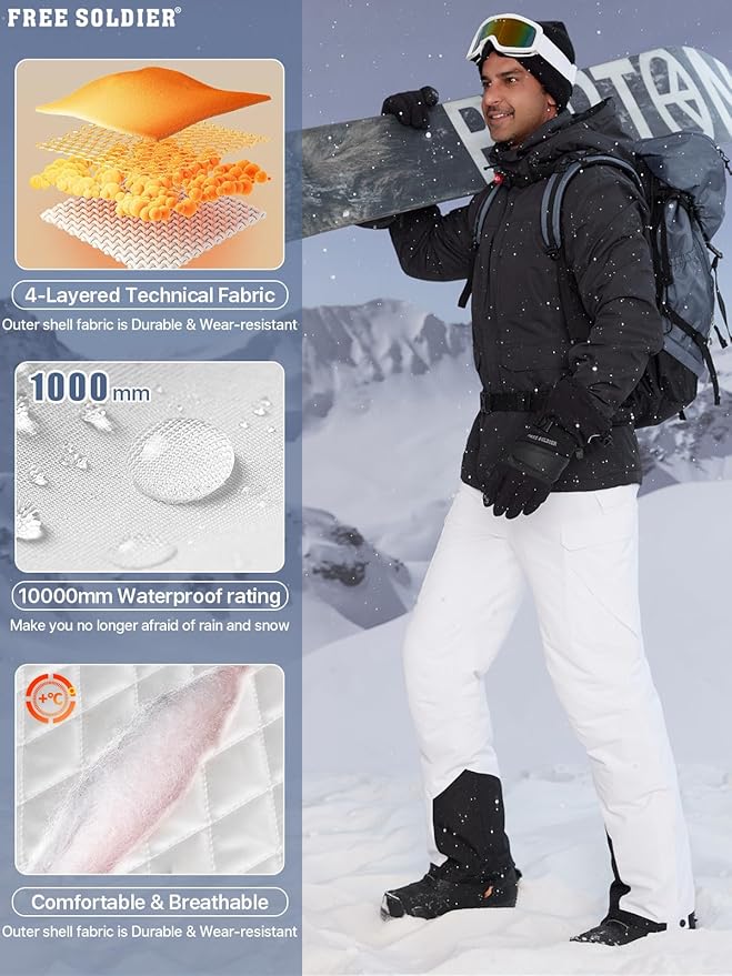 FREE SOLDIER Men's Waterproof Snow Insulated Pants Winter Skiing Snowboarding Pants with Zipper Pockets