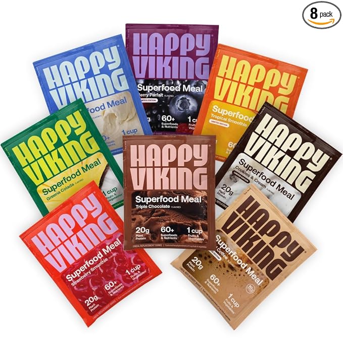 Happy Viking Variety Pack Plant Protein Powder, Created by Venus Williams, 20G Protein, Low Carb, Keto, Vegan, Gluten-Free, Non-GMO, Superfoods, Complete Meal Replacement, 8 Single Serve Packs