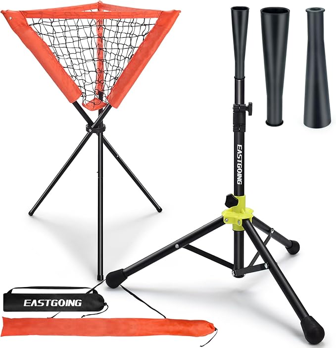 Eastgoing Heavy Duty Baseball and Softball Portable Travel Batting Tee with Baseball Ball Caddy.Easy Adjustable Height | Portable & Collapsible.Hitting Tee for Any Age Player Baseball