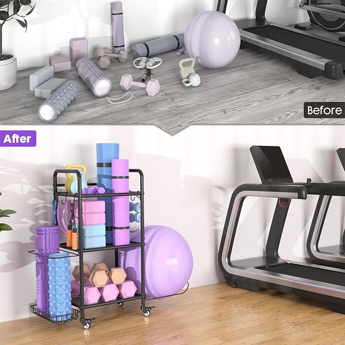 Home Gym Storage Rack Exercise Equipment Storage Organizer for Yoga Mat Dumbbells Kettlebells Foam Roller Yoga Strap & Resistance Bands, Ideal Yoga Mat Holder & Workout Equipment Organizer