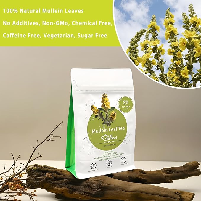 Samcci - Mullein Tea Bags, 20 Teabags, 3g/bag, 100% Pure Mullein Tea Bags for Lungs Cleanse, Natural Herbal Tea Bags, Caffeine Free & No Additives Mullein Leaf Tea for Detox & Respiratory Support
