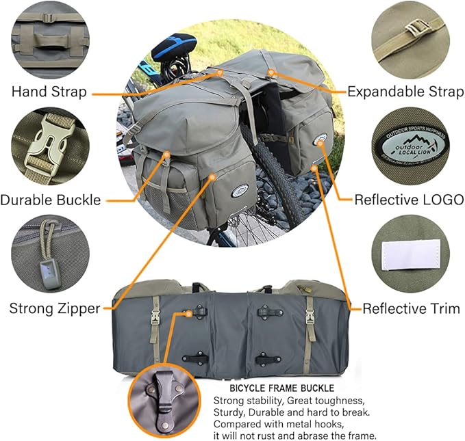 Dreamoon 50L Bike Panniers, Waterproof Bicycle Commuting Bag Saddle Bags with Rain Cover, Bike Rear Seat Bag Carrier with Reflective Trim, Cycling Organizer for Width Less Than 6.3 inches Rack (Gray)