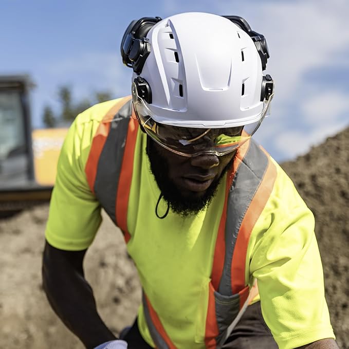 GE Safety Helmet, Impact Absorbing Tech, Adjustable Ratchet, ANSI Type 1, Memory Foam Padding, Hard Hats Protection, Lightweight, Durable, Chin Strap, Comfortable Fit OSHA Approved