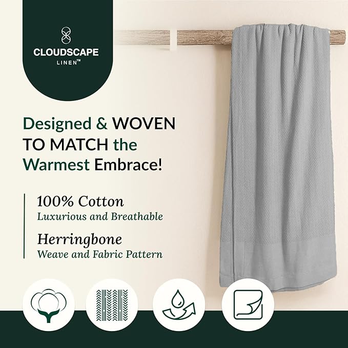 Herringbone Cotton Twin Blanket for Couch, Bed,Sofa, Home Decor, Soft, Lightweight, All-Season Bed Blanket, 68 x92, Light Grey