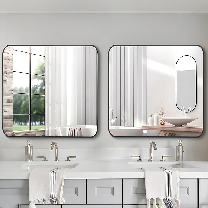 FORBATH Bathroom Mirror 36" x 36"，Large Square Wall Mirror with Black Aluminum Frame Rounded Corner, Wall Mounted Mirror for Bathroom Bedroom Entryway Living Room
