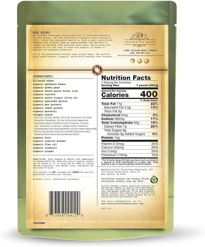 Functional Formularies Nourish Organic Tube Feeding Formula And Nutritional Meal Replacement Supplement, 12 Oz Pouch, Pack of 24