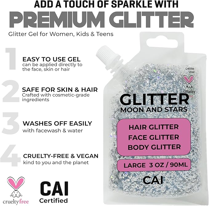 Hair Glitter Gel – Body Glitter for Kids and Women – Iridescent Cosmetic-Grade Gel w/Moon & Stars for Hair, Body & Face, Applies Smoothly w/o Glue & Washes Off Easily, 3 Oz - Purple/Silver 2Pack