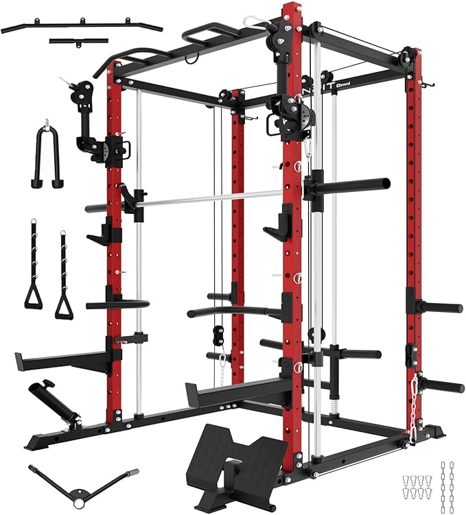Eonfit E3 Smith Machine with 360°Rotating Arm for Home Gym Equipment, Multi-Function Power Cage Squat Rack with Cable Crossover LAT Pulldown Pulley System All in One