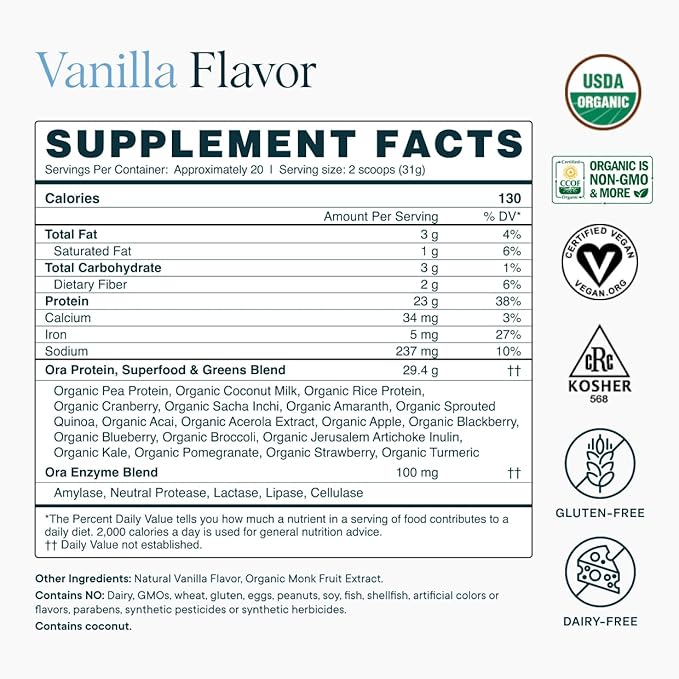 Ora Organic Plant-Based Protein Powder - 23g Protein for Women and Men - Vanilla Flavor 20 Servings, Vegan, Clean Protein, Third-Party Tested, Gluten-Free - 20 Servings