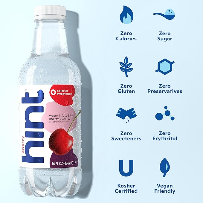 Hint Fruit-Infused Bottled Water, Cherry - Sugar Free Flavored Water with Zero Calories, Naturally Flavored, and No Artificial Sweeteners - 16 Fl Oz (Pack of 12)