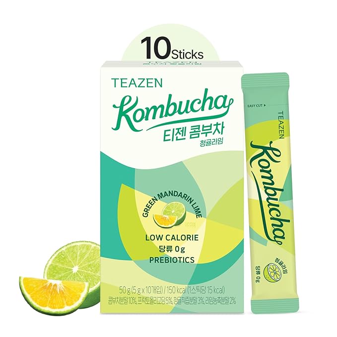 TEAZEN Green Mandarin Lime Kombucha Tea, Hydration Drink Mix, Sugar Free, Live Probiotics & Prebiotics, 10 Sticks, 1.76oz