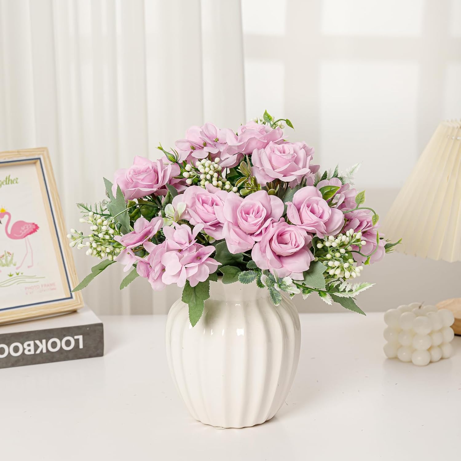 Artificial Flower 5 Branches Artificial Silk Fake Flowers Bouquet Small Roses for Wedding Home Office Tables Decor 4 Packs(Light Purple)