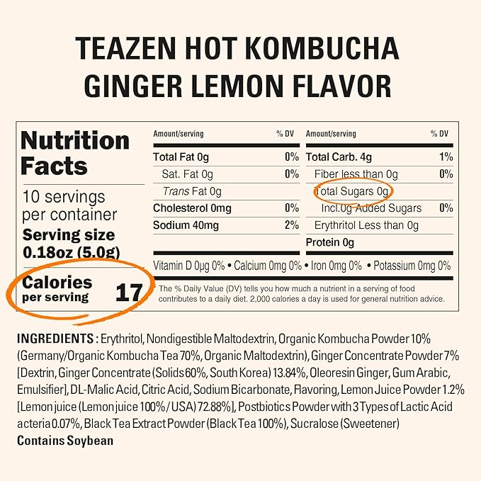 TEAZEN Lemon Ginger Hot Kombucha Tea, Live Probiotics & Postbiotics, Relaxation and Warmth for Colds and Sore Throat, Hydration Drink Mix, Sugar Free, 30 Sticks, 5.29oz