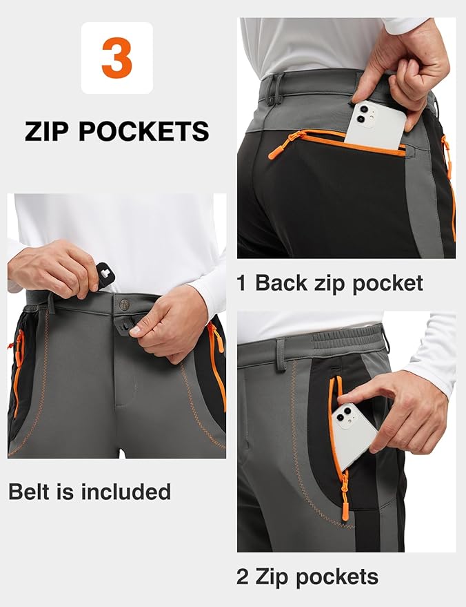TBMPOY Men's Snow Ski Hiking Pants Waterproof Winter Fleece Lined Pants Camping Skiing Ice Fishing Pants with Belt