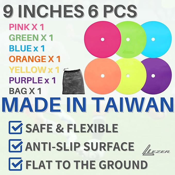 LEZER 9 Inch Flat Cones, Spot Markers, Soccer Cones, Field Court Markers, Sit Spots, Flat Discs, Soccer Training Equipment, Agility Practice, Football, Made in Taiwan