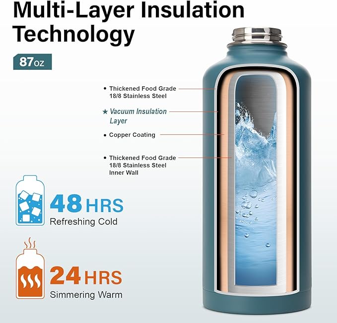 Insulated Water Bottle | Thickened Stainless Steel for Gym and Hiking with Straw, Carrier Bag, Handle Strap | BPA-Free 87 oz