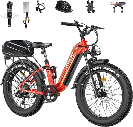 FREESKY Electric Bike for Adults,105mile Long Range Ebike, 2000W Motor 37MPH Fast Step-Thru E Bike 25Ah Samsung Cells Battery Full Suspension Electric Dirt Bicycle 26'' Fat Tire for Commuter Mountains