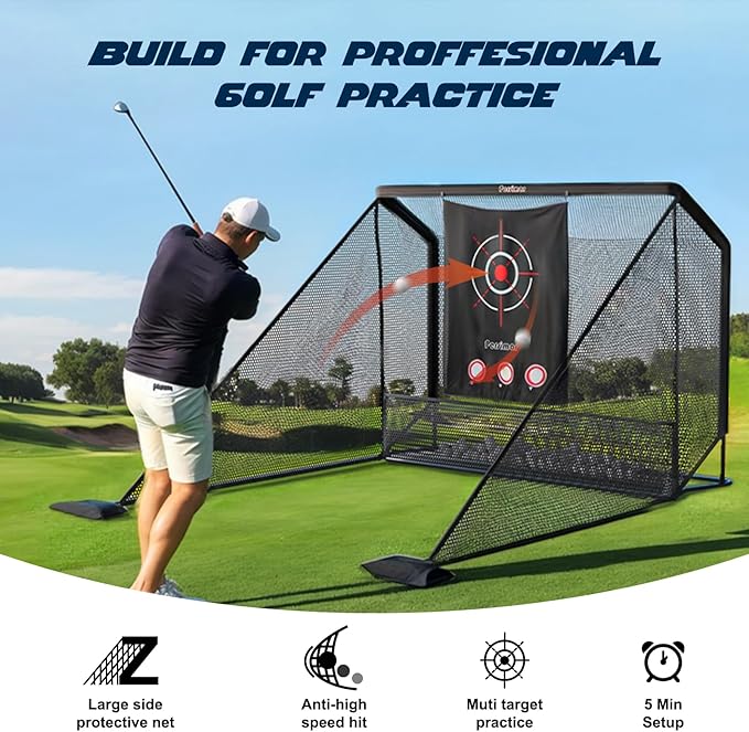 Golf Cage Practice Hitting Net,10x7ft Heavy Steel Frame with 2 Net Side Barriers,for Backyard Driving Chipping Swing Training, Home Range for Indoor& Outdoor.